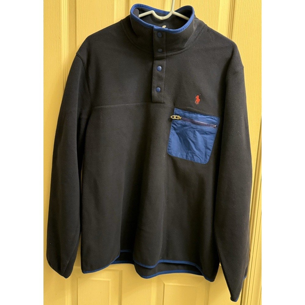 Polo Ralph Lauren‎ Men Fleece pullover 1/4 Snaping Mock neck Navy Sweater Size L